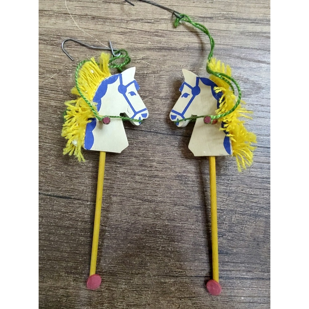Lot of 2 Vintage Wood Hobby Horse Stick Christmas Ornaments A8